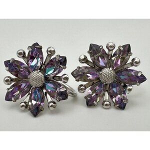 Amco vintage sterling silver rhinestones flowers screw back clip on earrings
